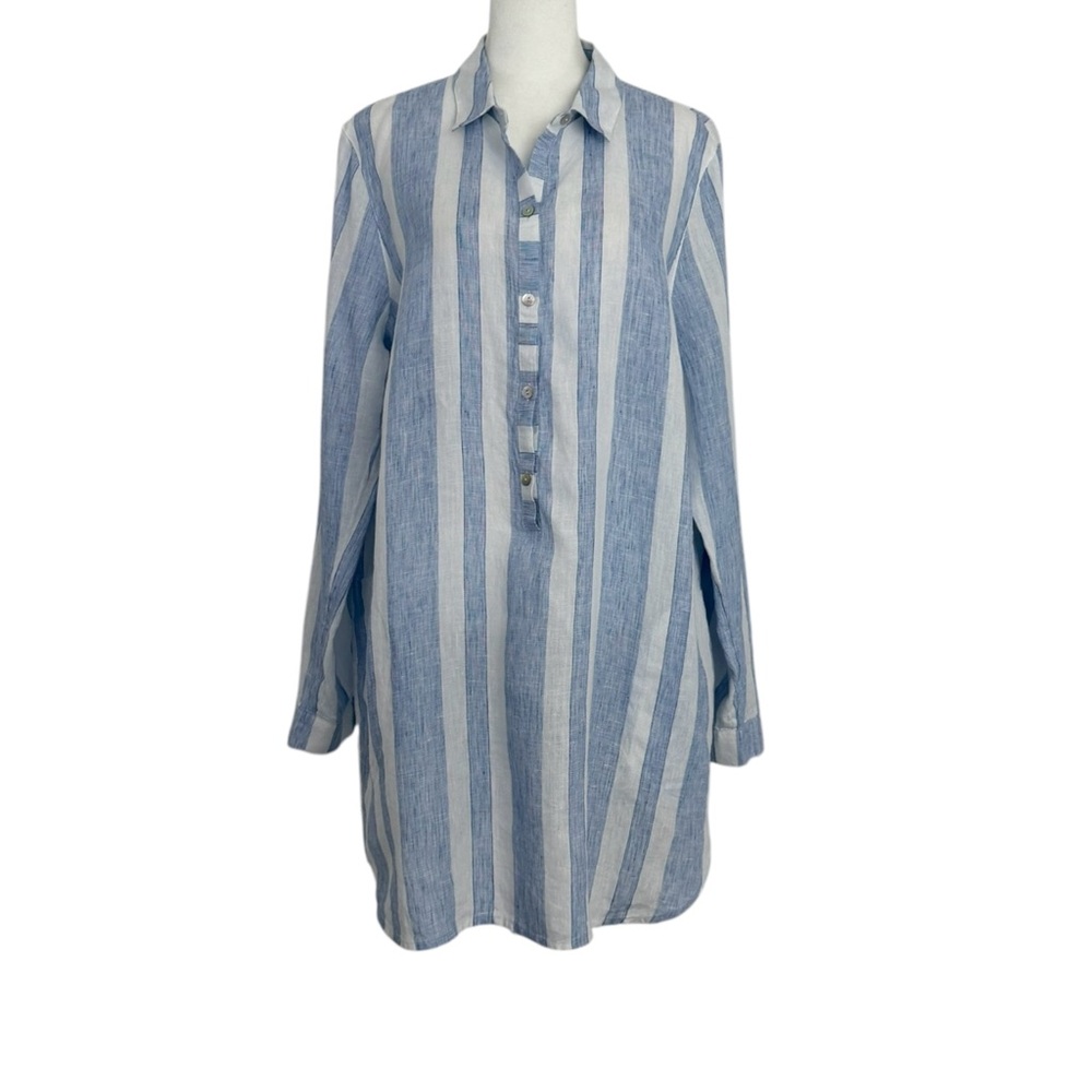 j. jill Love Linen Long Sleeve Blue Strip Coastal Resort Pullover Shirt Dress L